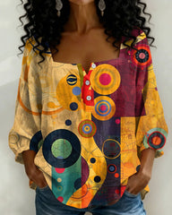 Abstract Polka Dot Geometric Art Print Square Neck Loose Blouse