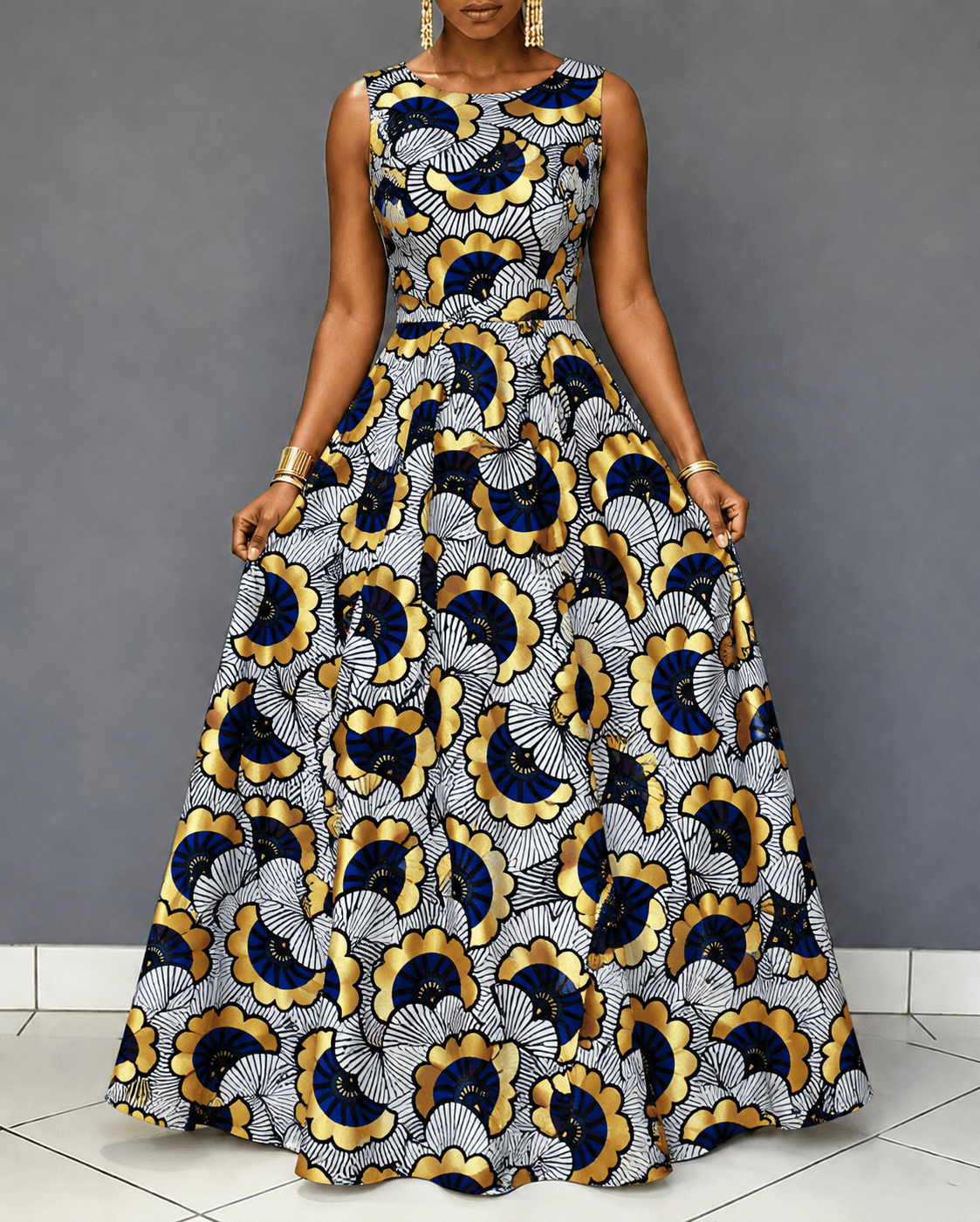 African Golden Flowers Printed Fabric Print Sleeveless Maxi Dress