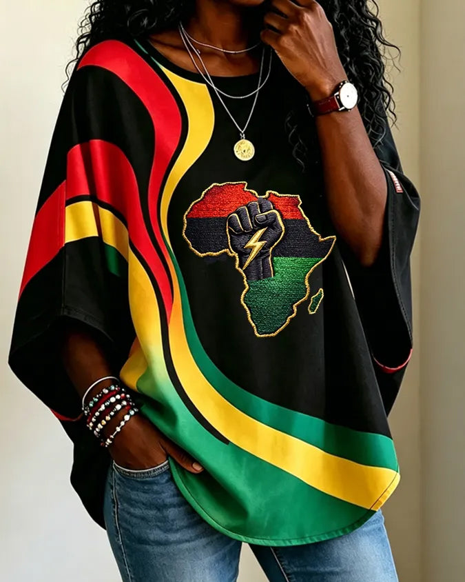 African Map with Reggae-Colored Stripes Round Neck Loose Top