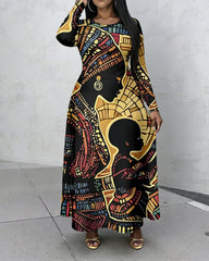 African Mother Retro Art Painting Print Crewneck Long Sleeve Pocket Dress