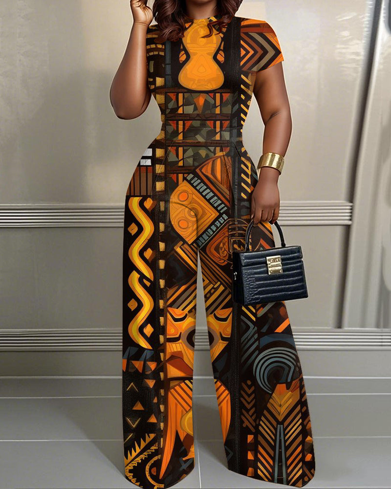 African Tribal Print Abstract Design Print High Waist Wide-leg Women's Two-piece Set