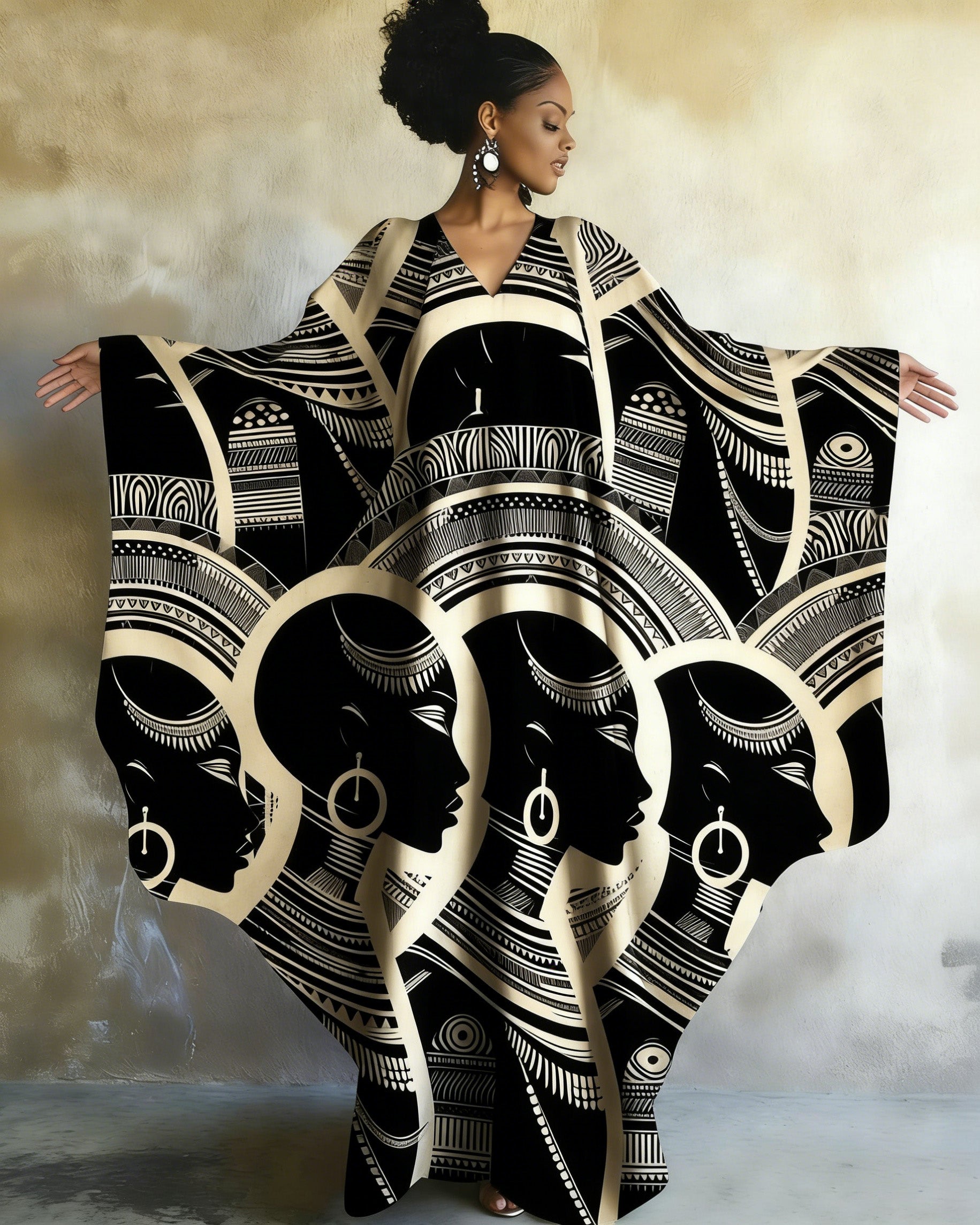 African Woman Canvas Print V-neck Long Kaftan Dress