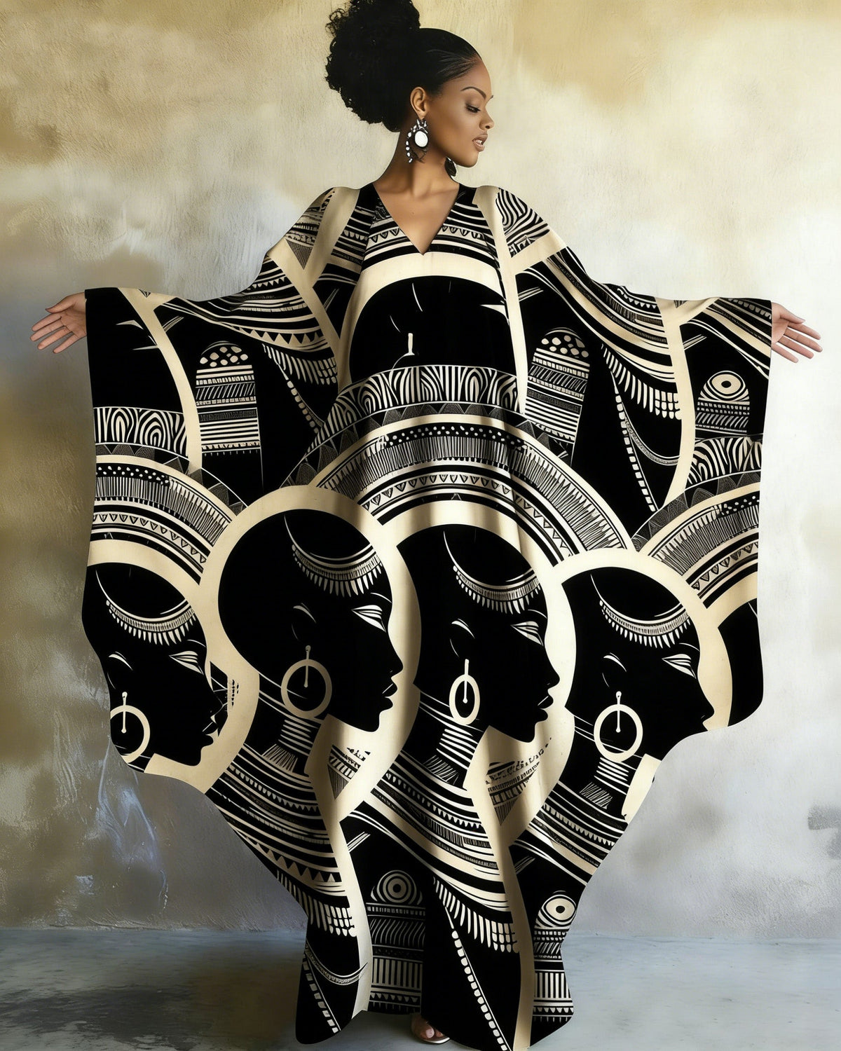African Woman Canvas Print V-neck Long Kaftan Dress