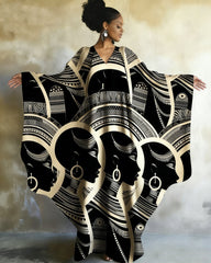 African Woman Canvas Print V-neck Long Kaftan Dress