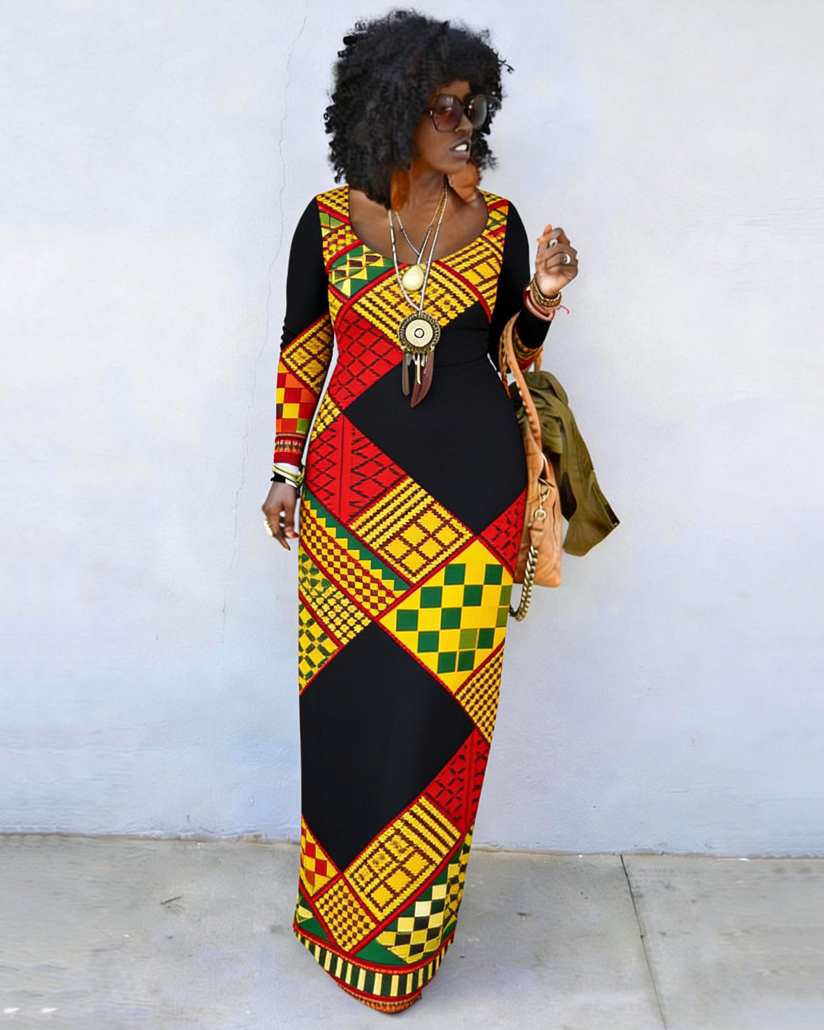 African Color-blocked Geometric Print Crew Neck Long Sleeve Dress