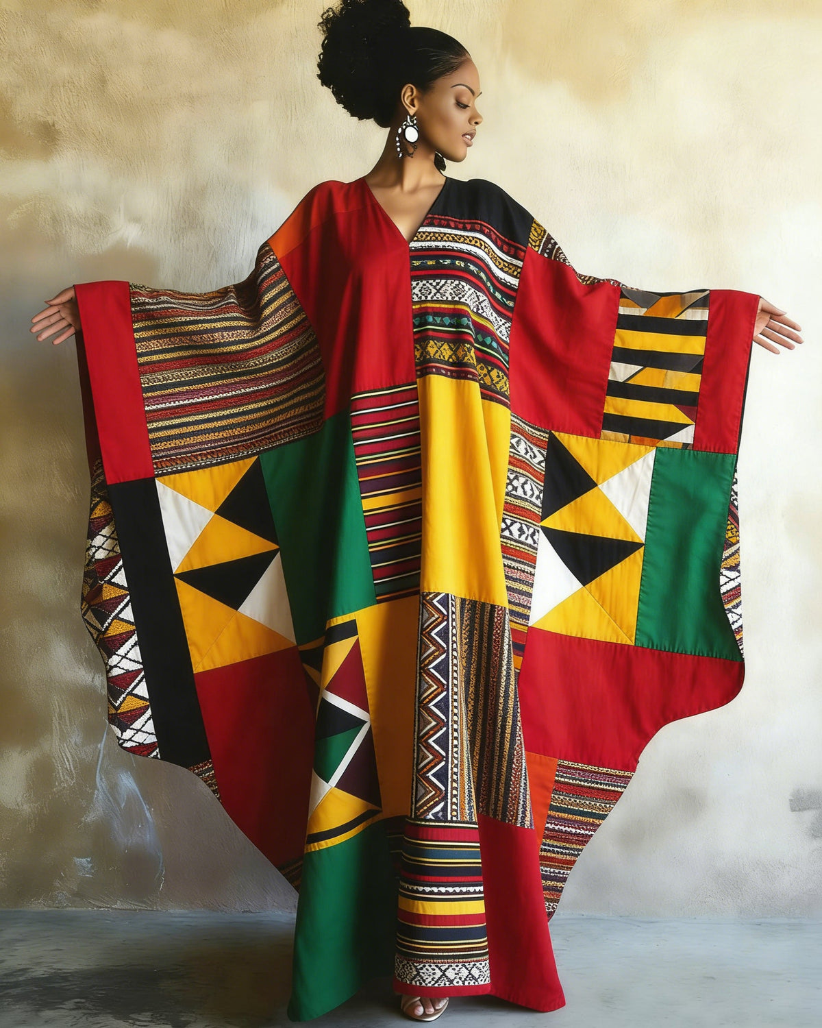 African Geometric Color Blocking Print V-Neck Long Kaftan