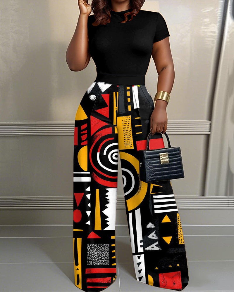 African Tribal Totems Print High Waist Wide-leg Women's Two-piece Set