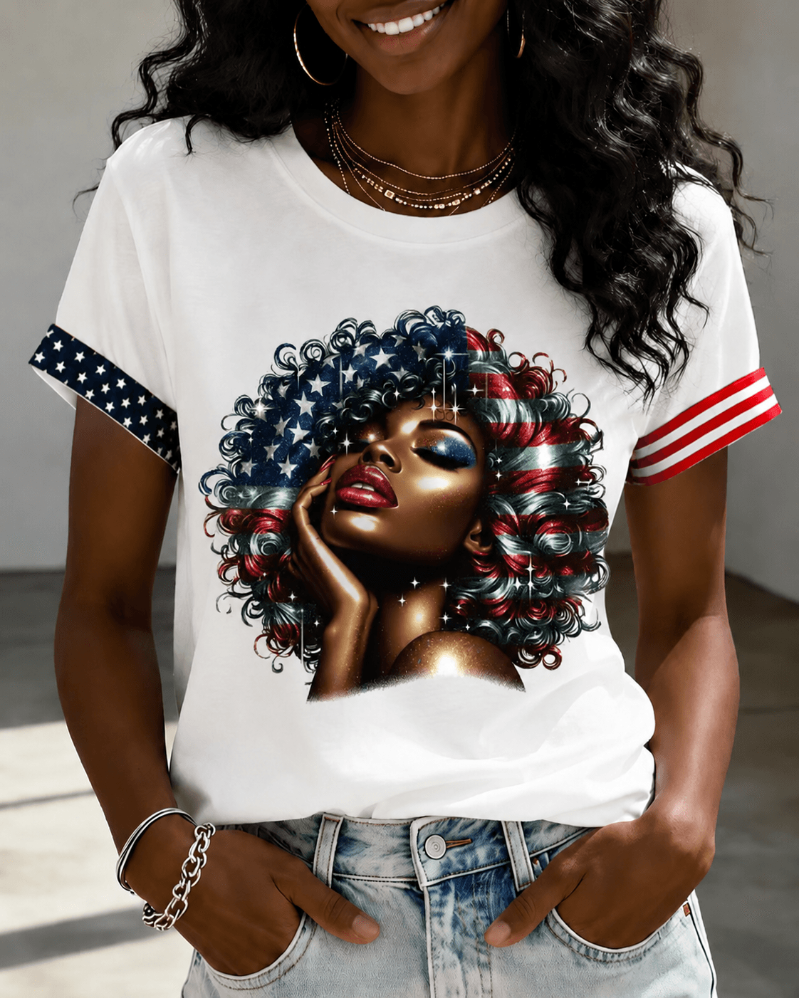 Afro Girl 4th of July Crew Neck Short Sleeve Tshirt
