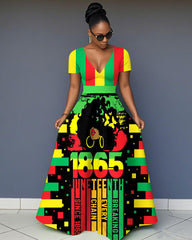 V-Neck Breaking Every Chan Juneteenth Short-Sleeved Maxi Dress