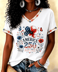 America 250 Years Flag Floral Graphic Print V-neck Short Sleeve Tshirt