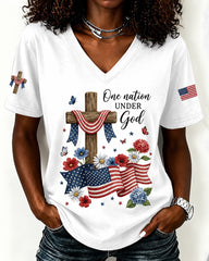 100% Cotton America 250 Years Jesus Cross V Neck Short Sleeve Tshirt