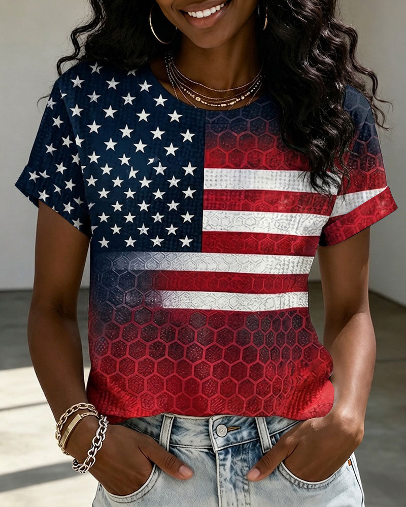 American Flag Texture Print Crew Neck Short Sleeve Tshirt