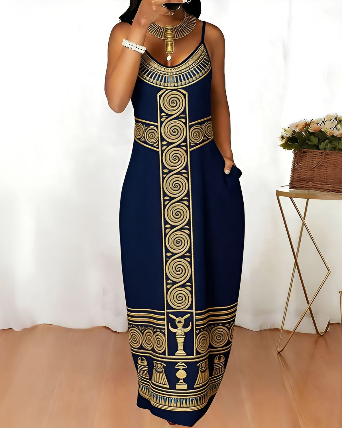 Sling Ancient Egyptian Gold Spiral Geometric Embroidery Pattern Print Pocket Maxi Dress