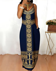 Sling Ancient Egyptian Gold Spiral Geometric Embroidery Pattern Print Pocket Maxi Dress