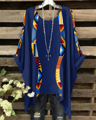 Ankara Corrugated Splicing Print Round Neck Irregular Shirt