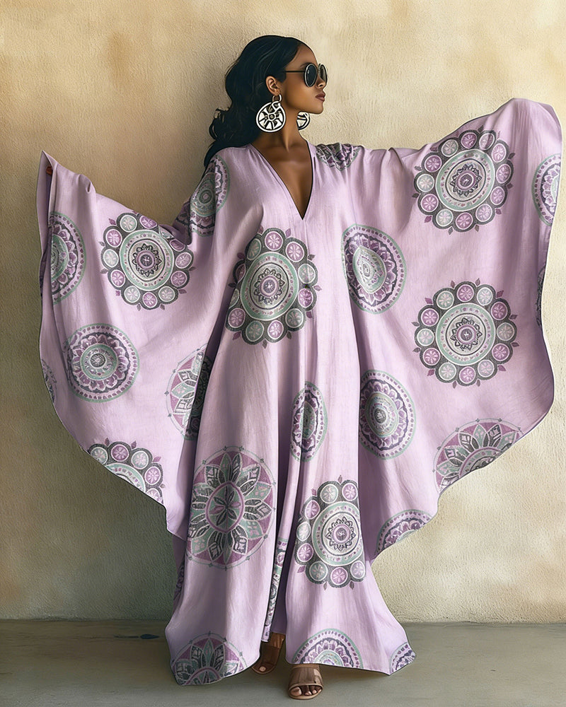 Artistic Polka Dot Floral V-neck Long Kaftan Dress