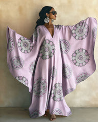 Artistic Polka Dot Floral V-neck Long Kaftan Dress