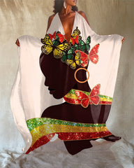 Beautiful Butterfly Reggae Ribbon Black Woman Off-shoulder V-neck Long Kaftan Dress