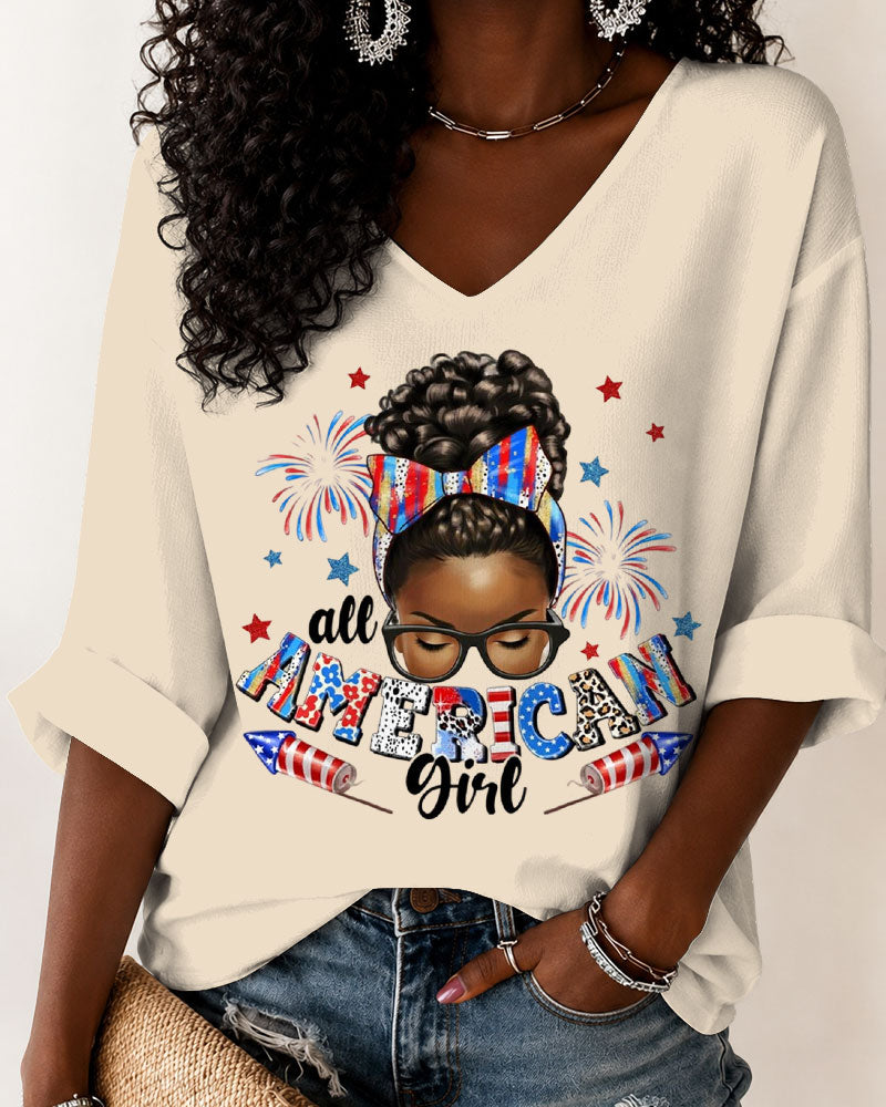 Black Girl 4th July V-neck Half Sleeved Loose Top