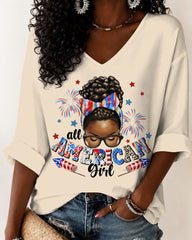 Black Girl 4th July V-neck Half Sleeved Loose Top