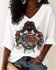 Black Girl 4th of July Clipart V-neck Half Sleeved Loose Top