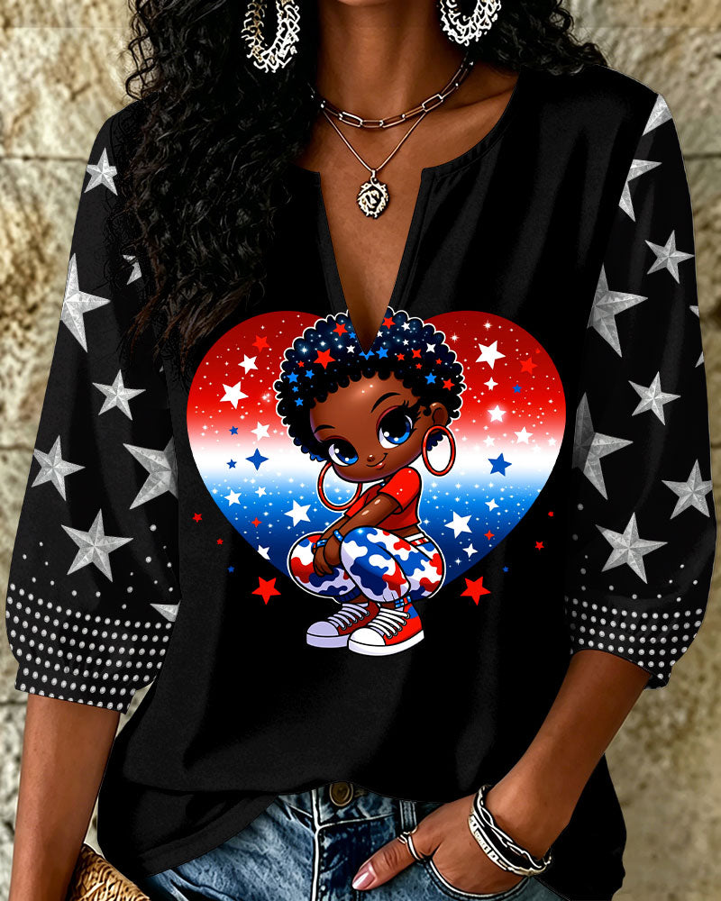 Black Girl 4th of July Clipart Print V‑Neck 3/4 Sleeve Blouse