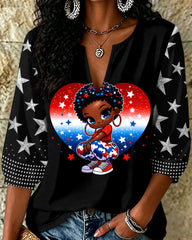 Black Girl 4th of July Clipart Print V‑Neck 3/4 Sleeve Blouse