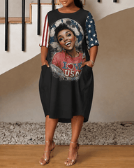 Black Girl 4th of July Round Neck Side Pockets & 3/4 Sleeves Midi Dress
