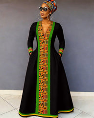 V-neck African Geometric Print Pocket Long-Sleeved Maxi Dress