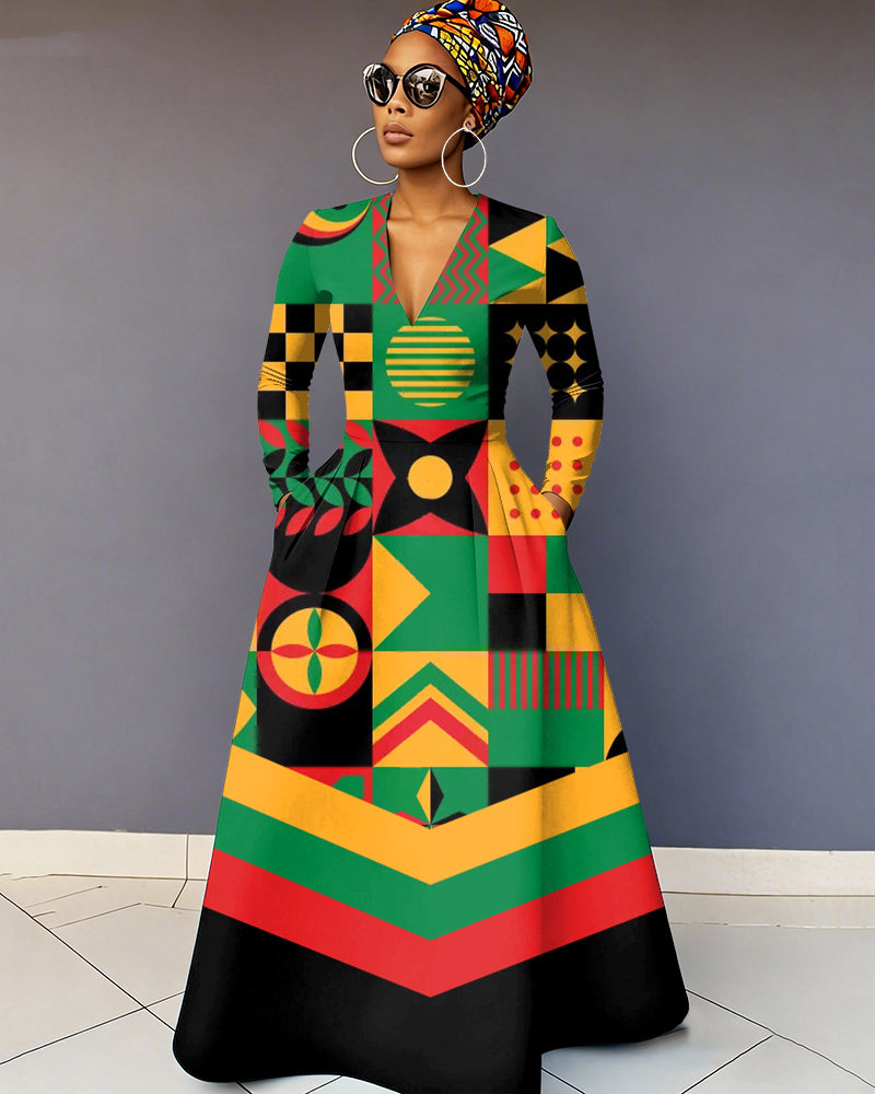 V-Neck Stripes Geometric Long-Sleeved Maxi Dress
