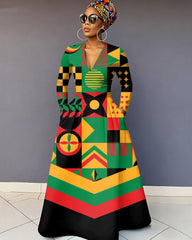 V-Neck Stripes Geometric Long-Sleeved Maxi Dress