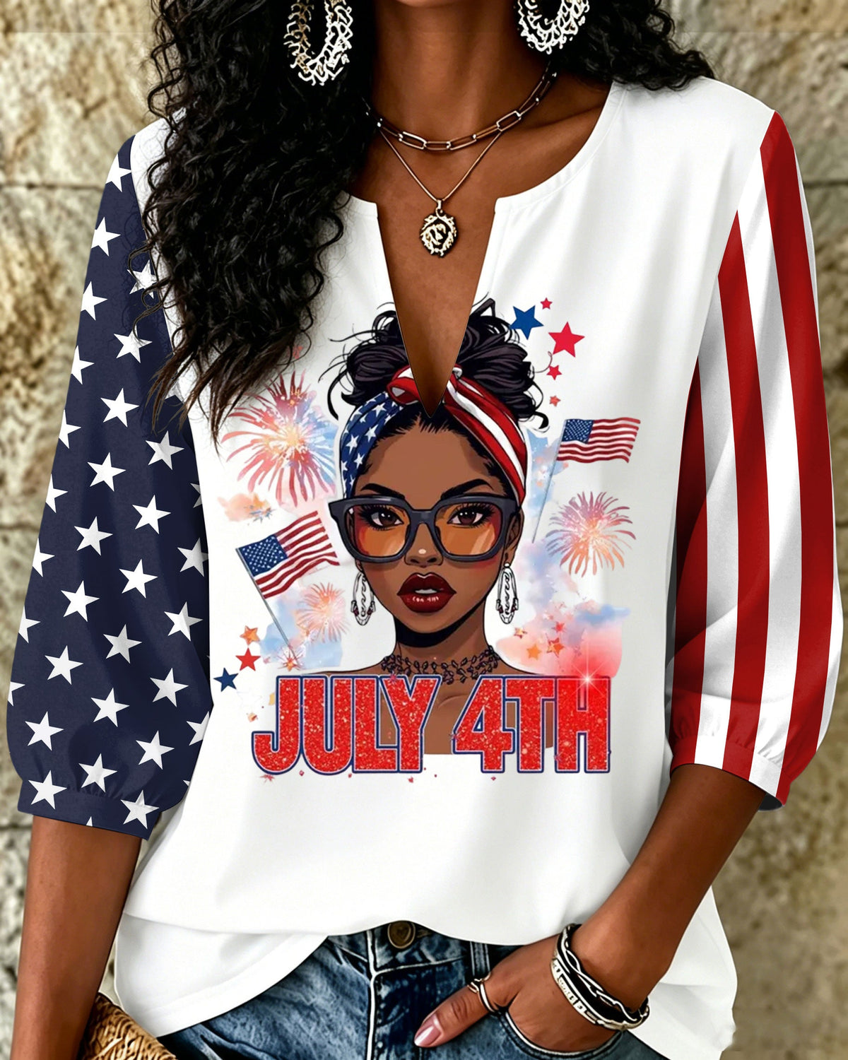 Black Woman Messy Bun July 4th American Flag Print V‑Neck 3/4 Sleeve Blouse