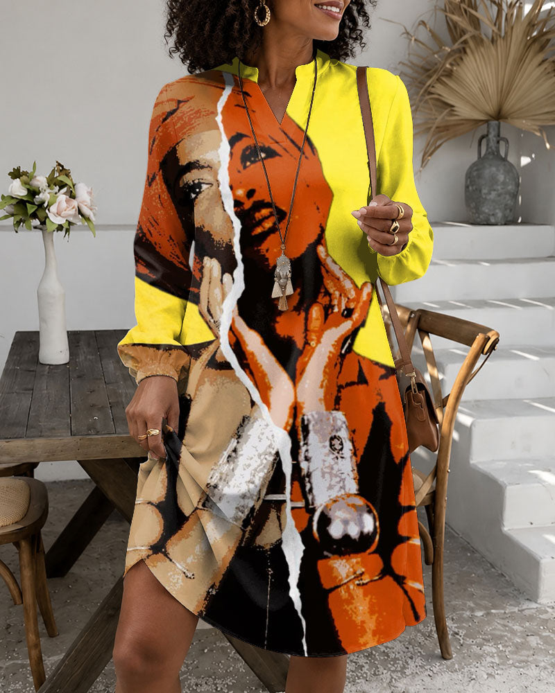 V Neck Black Women Headwrap Art Print Midi Dress