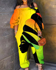 Black Women's Art with Headscarves Off The Shoulder Pocket Jumpsuit
