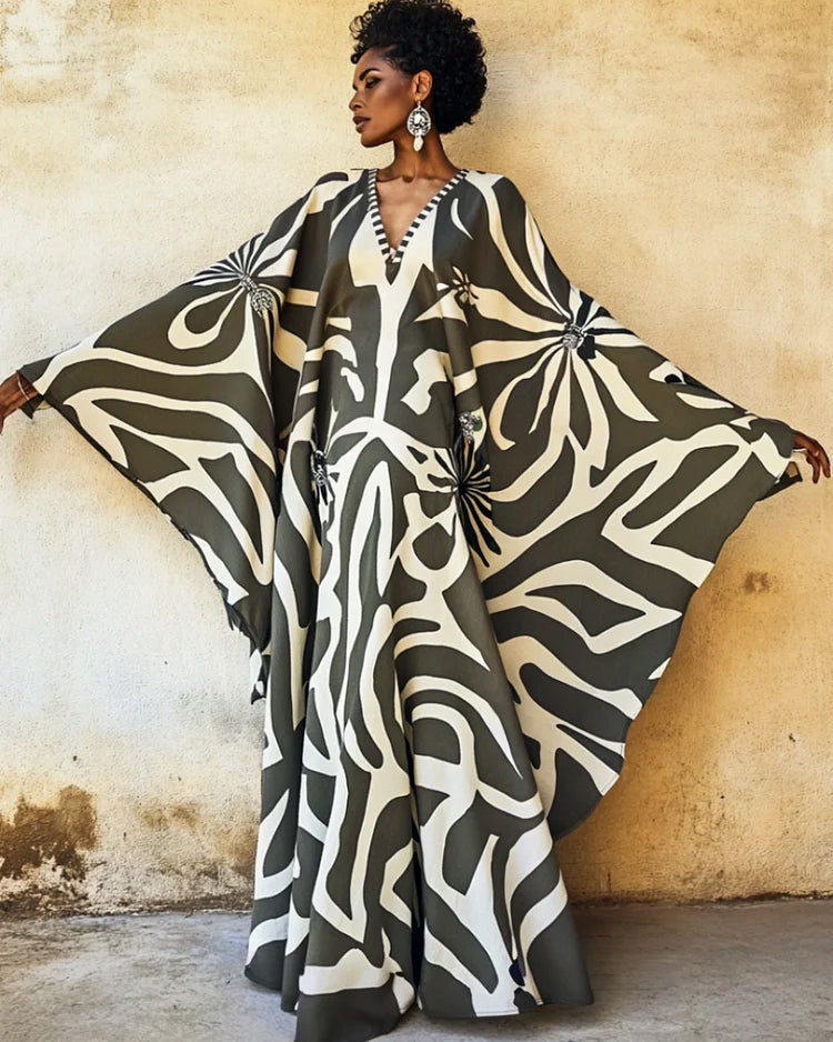 Bohemian Art Flowers Print V-neck Long Kaftan