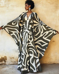 Bohemian Art Flowers Print V-neck Long Kaftan