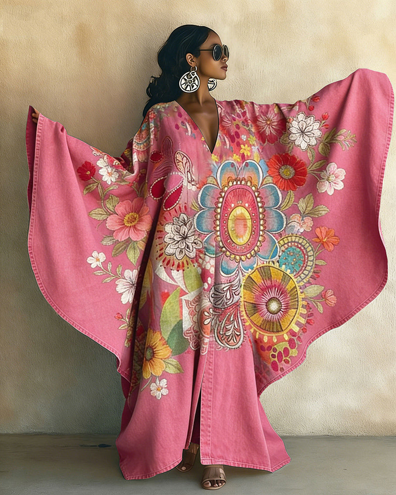 Bohemian Color-blocked Flowers V-neck Long Kaftan Dress
