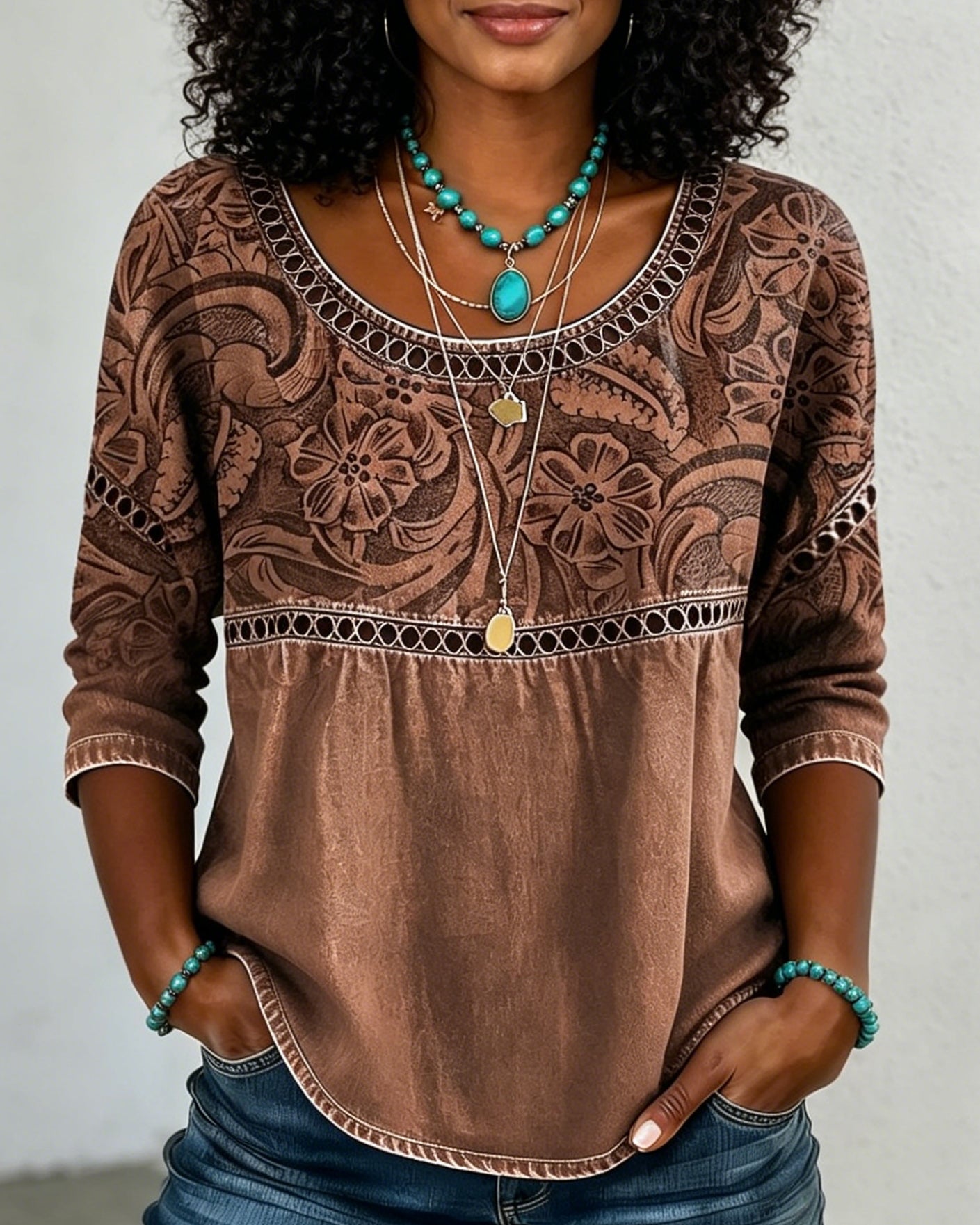 Brown Bohemian Flowers Print Casual 3/4 Sleeves Hollow Denim Shirt