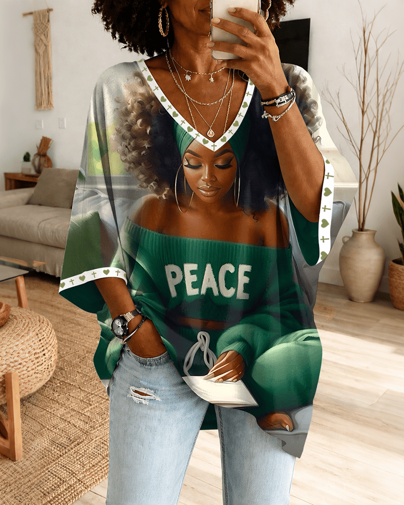 Brown Suger Peace Woman V‑Neck Half‑Sleeve Loose‑Fit Top