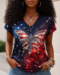 Butterfly, Flag & Cross  Print with National Flag Print V-neck Short Sleeve Tshirt