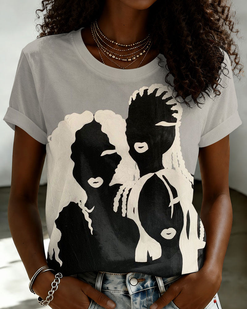 Cartoon Black Girls Crew Neck Short Sleeve Tshirt