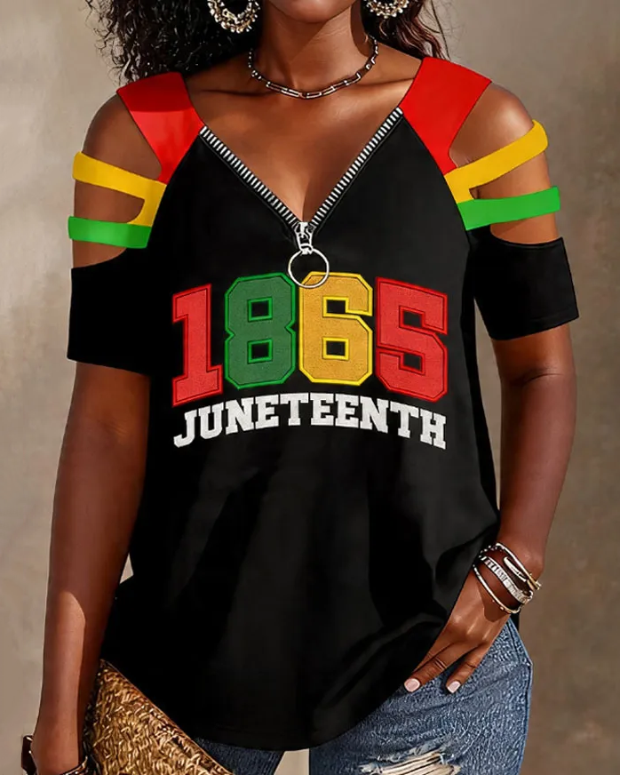 Celebrate 1865 Juneteenth Off-shoulder Zip Neck Short-sleeve Top