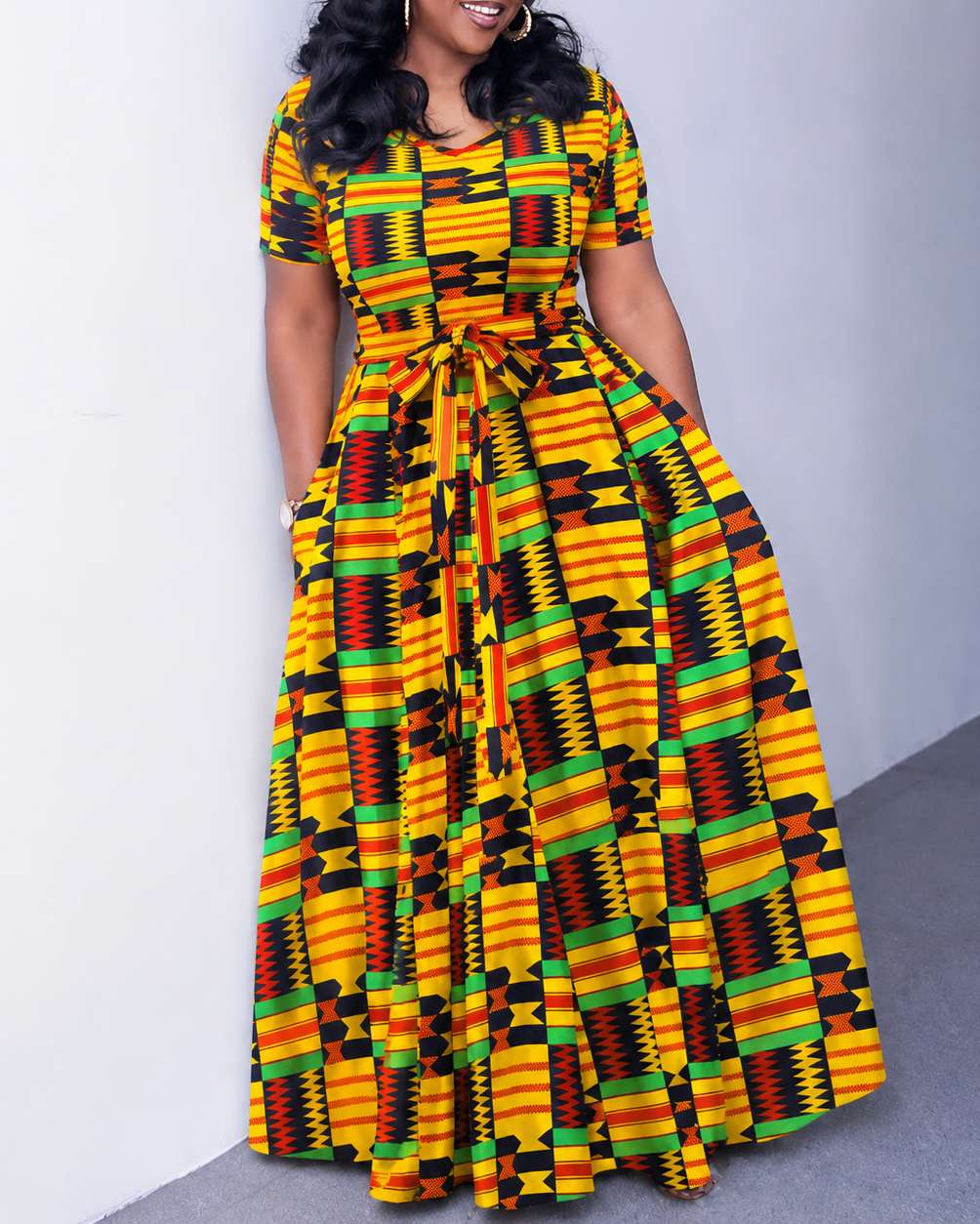 Classic Ankara African Totem V-Neck Tie-Strap Pocket Flared Maxi Dress