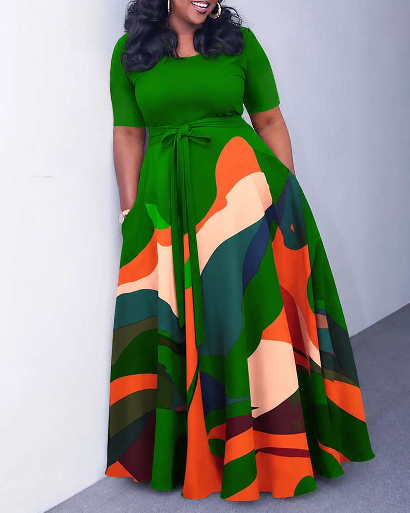 Colorful Abstract Stripe Art V-Neck Tie-Strap Pocket Flared Maxi Dress