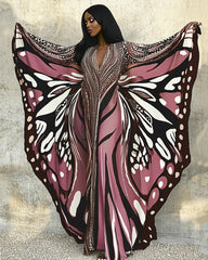 Colorful Butterfly Print V-neck Long Kaftan