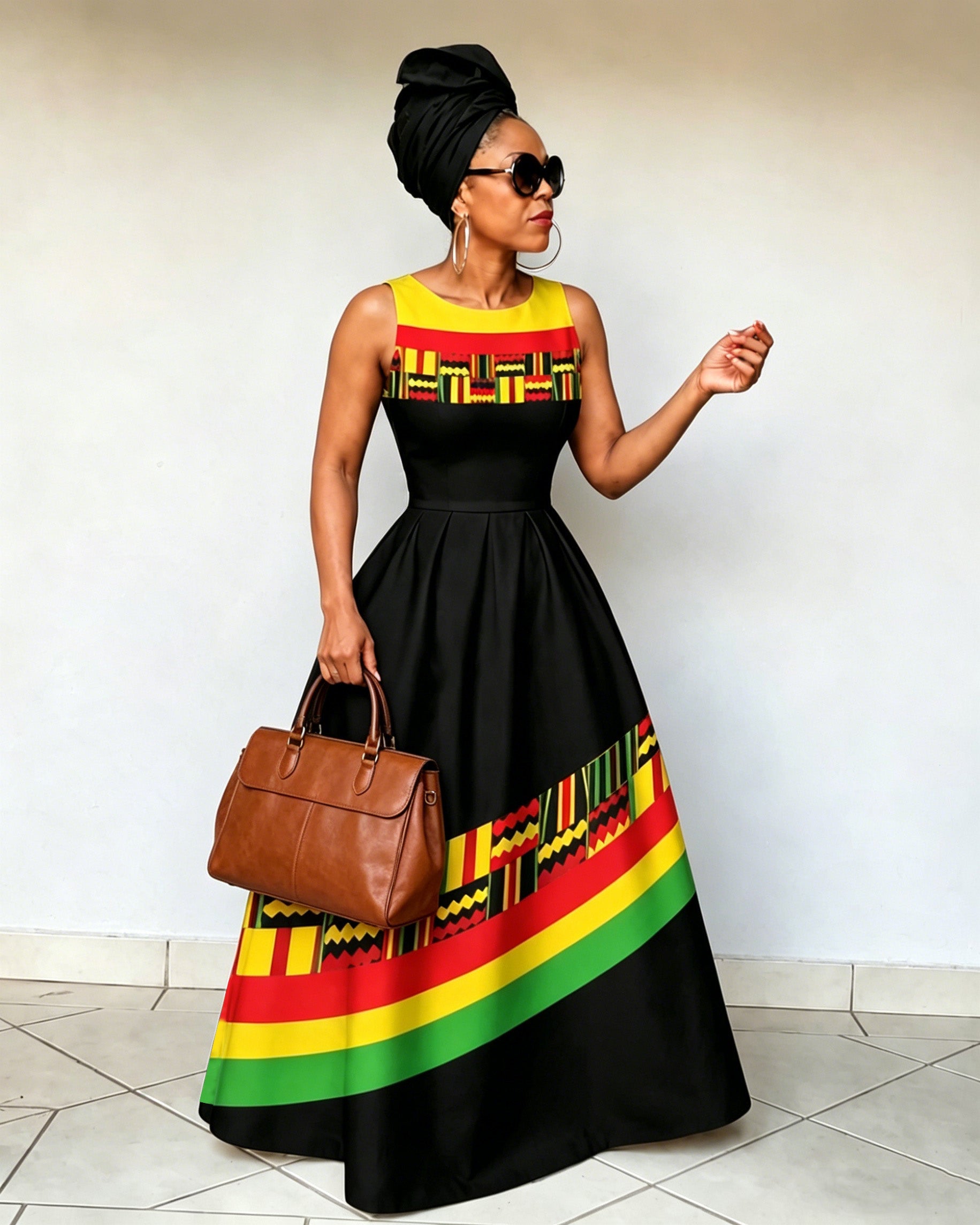 Crew neck Reggae Print sleeveless Maxi Dress