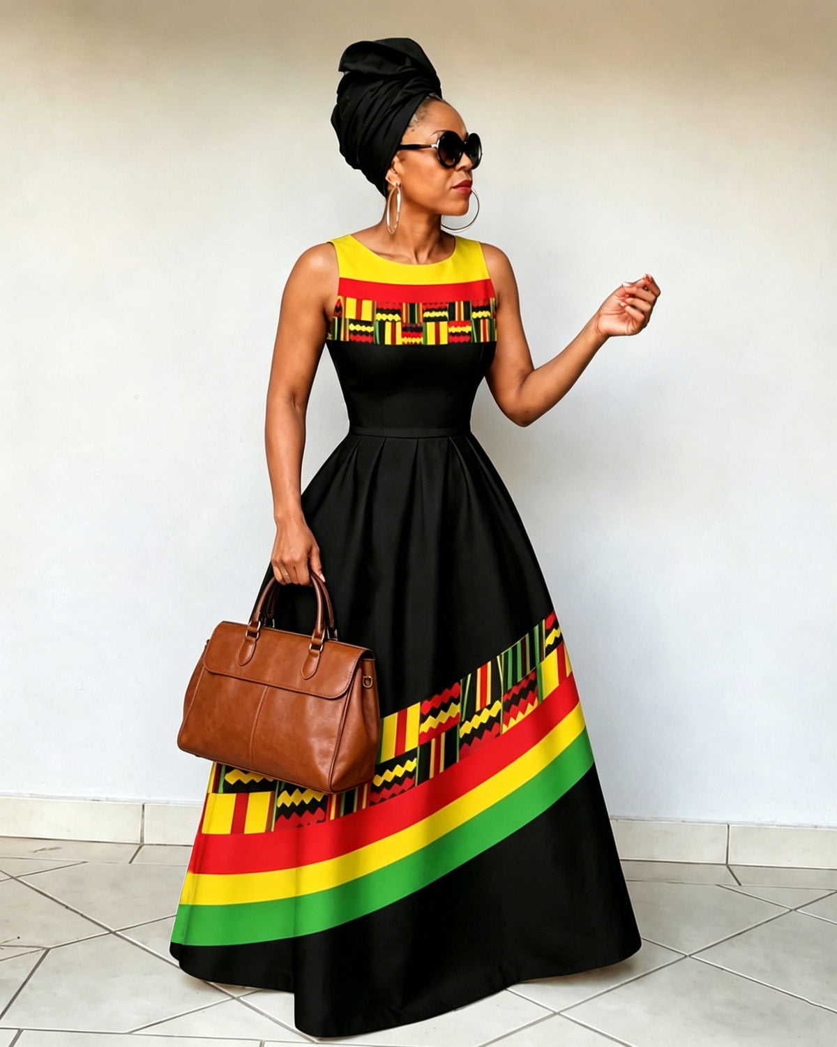 Crew neck Reggae Print sleeveless Maxi Dress
