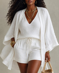 Womens Co Ord 3Pcs Outfit Woven Linen Blend Open Front Kimono Sleeveless Top Elastic Short Pants