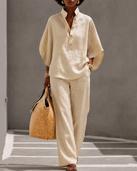 Linen Blend Solid Color Button-down Loose Top and Elastic Waist Pocket Casual Pants Set