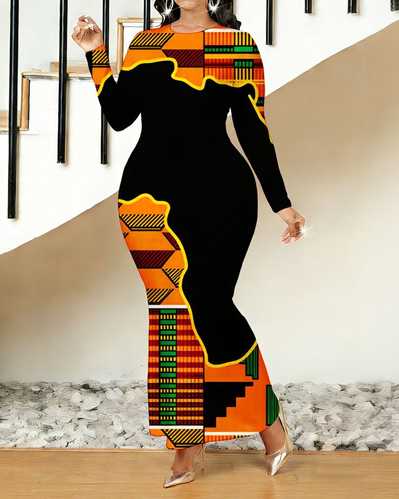Orange Color African Ethnic Print Round Neck Long Sleeve Bodycon Dress